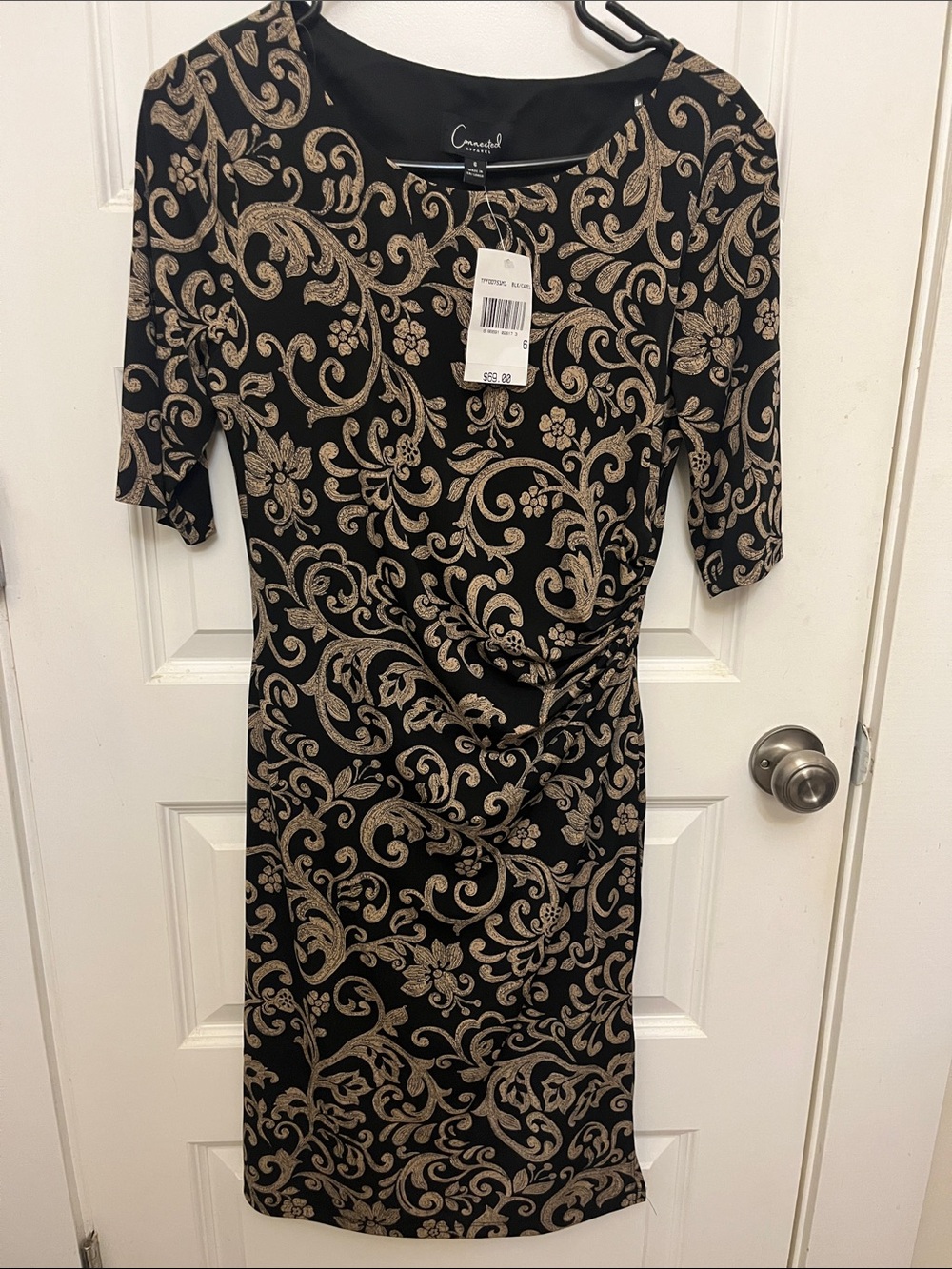 NWT connected apparel Black & Gold Scroll-Print Midi Dress